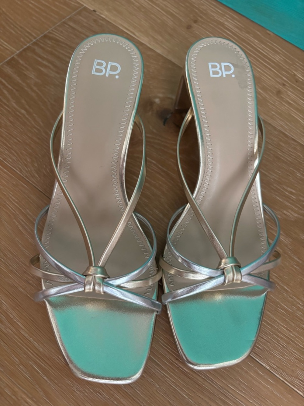 bp Metallic Gold Strappy Heeled Sandals with Teal Insole - Picture 3 of 7